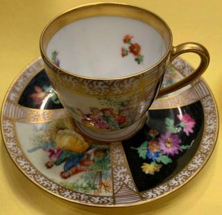 Vintage German Dresden Demitasse Cup & Saucer Courting Couple Saxony
