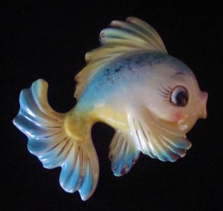 Vintage Porcelain Ceramic Kissing Fish Wall Plaque Blue And Yellow Gold 1950 