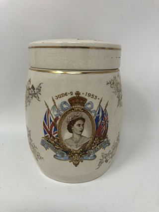 Vtg Sandland Ware Queen Elizabeth Ii Coronation Biscuit Tobacco Jar June 2,  1953