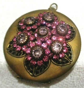 Vtg Gold Tone Round Pendant Necklace W/ Pink Clear Rhinestones 1 1/2 " W