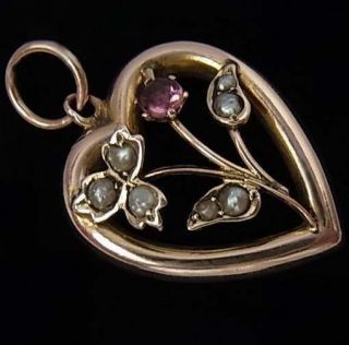 Romantic Antique Edwardian 9ct Rose Gold,  Pearl & Pink Gem Heart Pendant
