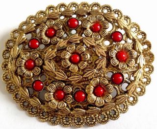 Large Vintage Gold Tone & Faux Coral Filigree Style Brooch - 56x47mm