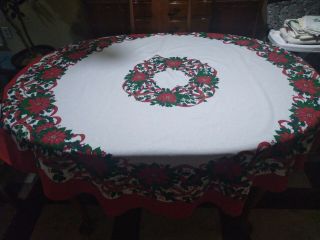 Vintage Christmas Poinsettia Table Cloth Round 67 "