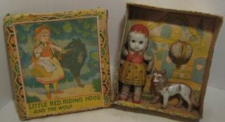 Antique 3 Pc Set Little Red Riding Hood Wolf W Box 5 " Bisque Doll Pre War Japan