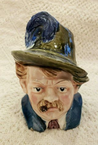 Antique Majolica Toby Figural Tobacco Jar " Man W Feather Hat & Cigar " 28