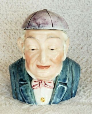 Antique Majolica Toby Figural Tobacco Jar " Dapper Man With Beanie & Bowtie " 7120