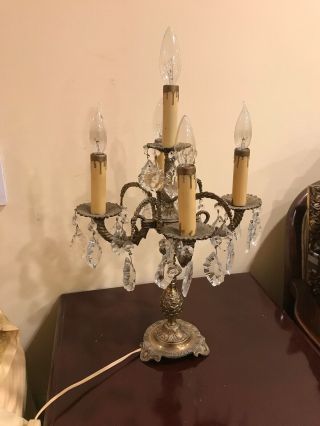 Antique/vintage Bronze / Brass Electric Candelabra Lamp With Crystals 5 Lights