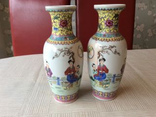 A Matching Chinese Famille Rose Vases With Poem Signed