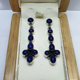 Vintage 925 Solid Sterling Silver And Lapis Cabochon Chunky Earrings