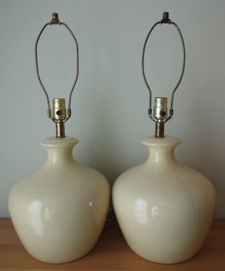 Pair 2 Vintage Mid Century Butter Yellow Glazed Ceramic Table Lamps