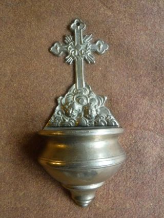 Vintage Brass Holy Water Font Wall Mount With Crucifix And Angel Plastic Liner