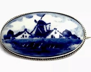 Vintage Blue White Delft Plaque Cabochon Sterling Silver Brooch Gift Boxed