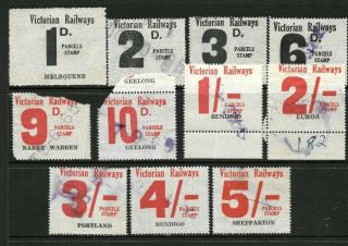 Victorian Railways Parcel Stamp Selection X 9 Good /fine 1d To 5/ -