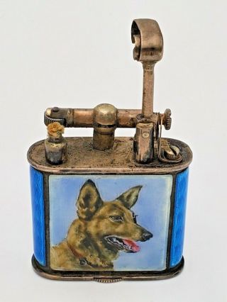 Vintage German Sterling Silver & Enamel Lift Arm Lighter - German Shepherd Dog 2