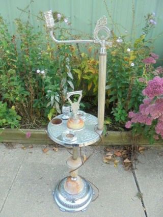 Vintage Art Deco Chrome & Slag Glass Electric Smoke Stand Lamp