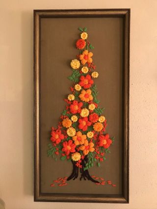 Handmade Vintage/ Mid Century 3 - D Flower Yarn Crewel Wall Art Framed 36x18 Lrg