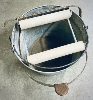Vintage Galvanized Metal Mop Bucket Wash Pail Wood Rollers Wringer