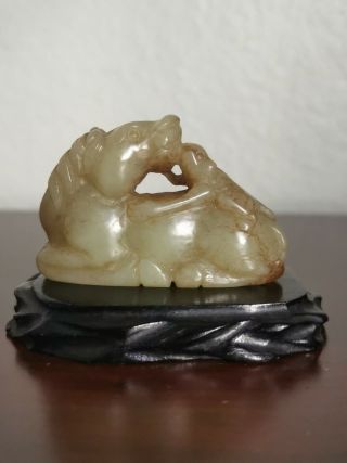 Antique Chinese Qing Dynasty Celadon Jade Carving Monkey And Horse W/ Wood Stand