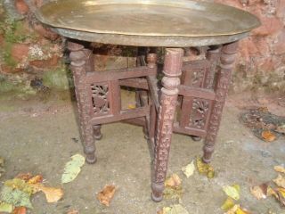 Vintage,  Middle East/moroccan Carved Wood,  Brass Tray Topped Coffee Table