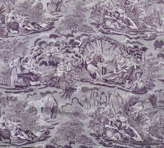 Antique French Toile De Jouy Mauve Fabric Circa 1820 Cherubs Romantic