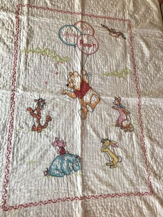 Vintage Cross Stitch Baby Blanket Quilt Winnie The Pooh Tigger Rabbit Eeyore