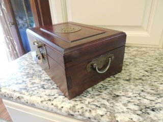 Vintage Chinese Wood Jewelry Box With Decorative Brass