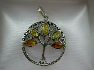 Vintage Hallmarked Tggc 925 Sterling Silver Real Amber Tree Of Life Pendant