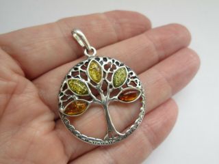 Vintage Hallmarked TGGC 925 Sterling Silver Real Amber Tree Of Life Pendant 2