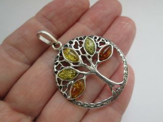 Vintage Hallmarked TGGC 925 Sterling Silver Real Amber Tree Of Life Pendant 3