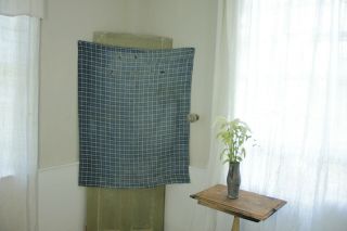 Antique French Pieced Indigo Blue Plaid Linen Fabric 2