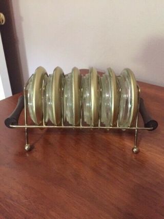 Mid Century Modern 6 Glass And Gold Tone Metal Coasters With Metal Rack