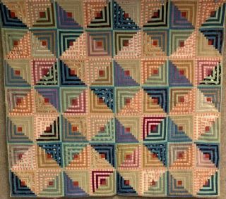 Holiday Pa Dutch C 1860 - 70s Log Cabin Quilt Antique Wools Challis