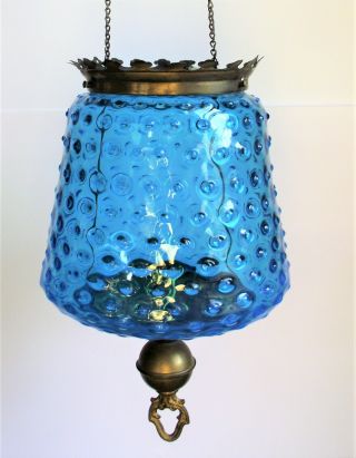 Antique Victorian Hanging Blue Hobnail Art Glass Shade Brass Hall Lamp Light