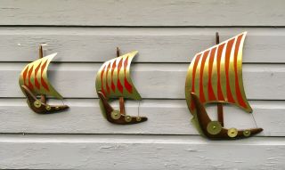 Set Of 3 Vtg Mid Century Danish Modern Wood Metal Viking Ships Wall Art Hangings
