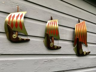 Set of 3 Vtg Mid Century Danish Modern Wood Metal Viking Ships Wall Art Hangings 2