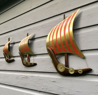 Set of 3 Vtg Mid Century Danish Modern Wood Metal Viking Ships Wall Art Hangings 3