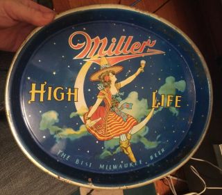 Rare Oval Miller High Life Beer Girl On Moon Vintage Oval Serving Tray 15”x12”