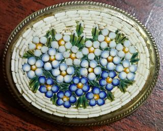 Vintage Alp Alpaca Micro Mosaic Oval Floral Brooch Pin