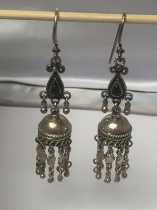 Vintage Middle Eastern Sterling Silver Black Onyx Long Dangle Drop Earrings 17g
