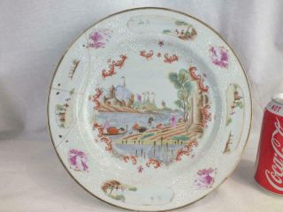 18th C Chinese Porcelain Famille Rose European Scene Bianco Sopra Bianco Plate