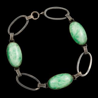 Antique Vintage Art Deco Sterling Silver Jade Colored Peking Glass Bracelet