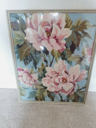 Vintage Pink Flower Tapestry Framed Picture Art Textiles Pretty Wool Retro