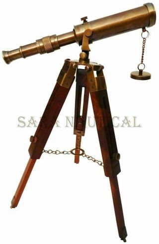 Antique Brass Telescope Spy Collectible Wooden Tripod Stand Vintage Desk Decor