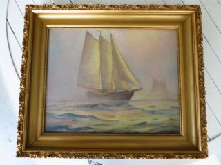 Vintage Oil Painting Of Sailing Ship Gold Frame Signed R Melvin White