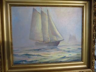 Vintage oil painting of sailing ship gold frame signed R Melvin White 2