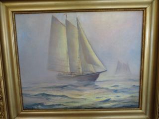 Vintage oil painting of sailing ship gold frame signed R Melvin White 3