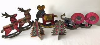 7 Vintage Hand Painted Mexican Folk Art Punched Tin Christmas Tree Ornaments