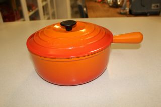 Vintage Le Creuset 24 Flame Orange Enameled Cast Iron Saucepan Hollow Handle