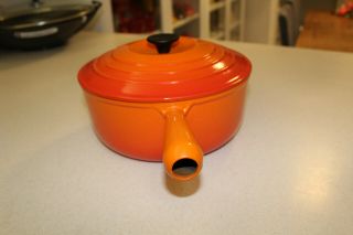 Vintage Le Creuset 24 Flame Orange Enameled Cast Iron Saucepan Hollow Handle 3