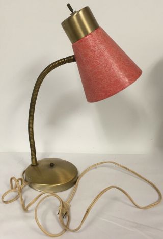 Vntg Mcm Brass Tone Gooseneck Red Fiberglass Cone Shade Wall Or Desk Lamp Atomic